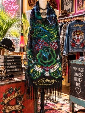 Ed Hardy Kiss of Death Black Graphic fringe Scarf unisex